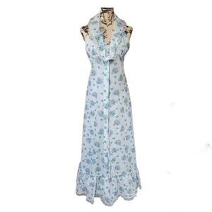 Vtg 70's Handmade Women's Halter Dress Tie Front Maxi Blue Floral Lace Trim Sz S